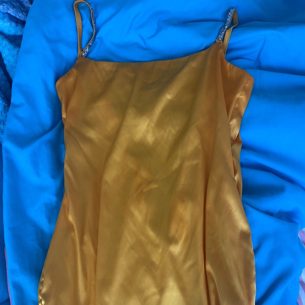 Golden yellow crystal strap satin dress